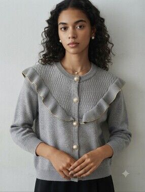Vita Grace Gray Ruffled Women's Sweater Pearl Buttons Size Small